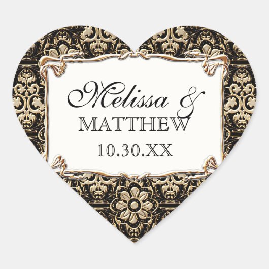 Art Deco Nouveau Faux Gold Floral Damask Lace Hart Sticker (Voorkant)