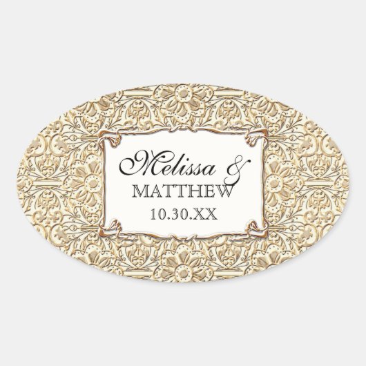 Art Deco Nouveau Faux Gold Floral Damask Lace Ovale Sticker (Voorkant)