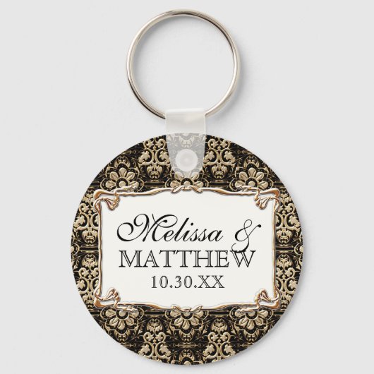 Art Deco Nouveau Faux Gold Floral Damask Lace Sleutelhanger (Voorkant)