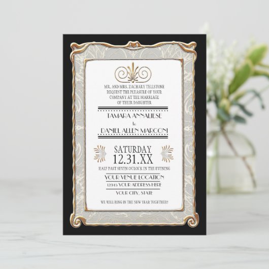 Art Deco Nouveau Gatsby Style Gold in Lace Kaart (Staand voorkant)