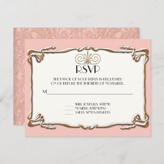 Art Deco Nouveau Gatsby Style Gold in Lace RSVP Kaartje (Voorkant / Achterkant)
