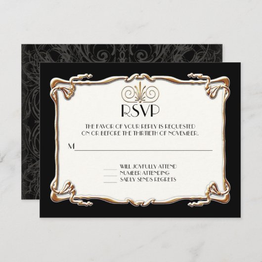Art Deco Nouveau Gatsby Style Gold in Lace RSVP Kaartje (Voorkant / Achterkant)