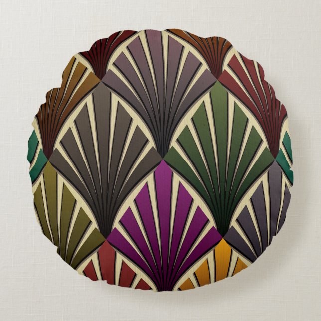 art deco, nouveau, hunter green, marineblauw, geel rond kussen (Voorkant)