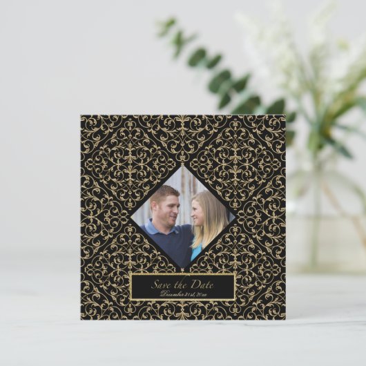 Art Deco Nouveau Lace Damask Golden Save The Date (Staand voorkant)