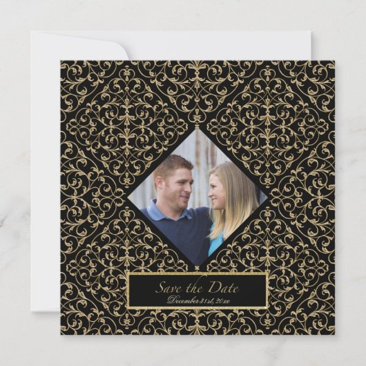 Art Deco Nouveau Lace Damask Golden Save The Date (Voorkant)
