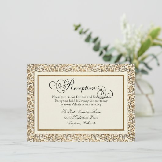 Art Deco Nouveau Nepgoud Bloemendamask Kanten Informatiekaartje (Staand voorkant)