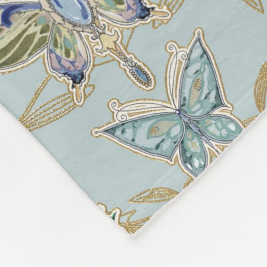 Art Deco Nouveau Peacock Vlinder Lichtblauw Goud Fleece Deken (Hoek)
