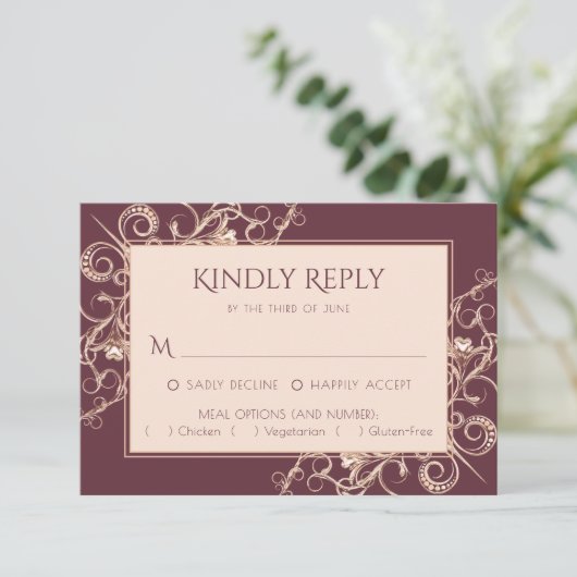 Art Deco Nouveau | Roos van Bourgogne goudversieri RSVP Kaartje (Staand voorkant)