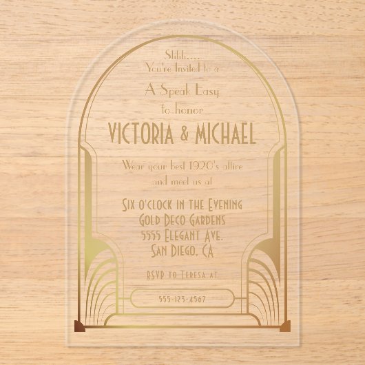 Art Deco Nouveau Speak Easy Party Gold & Black Acryl Uitnodigingen (Voorkant)