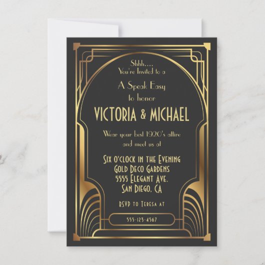Art Deco Nouveau Speak Easy Party Gold & Black Kaart (Voorkant)