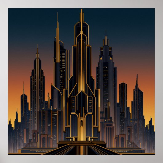 Art Deco Nouveau Stijl Cityscape Poster (Voorkant)