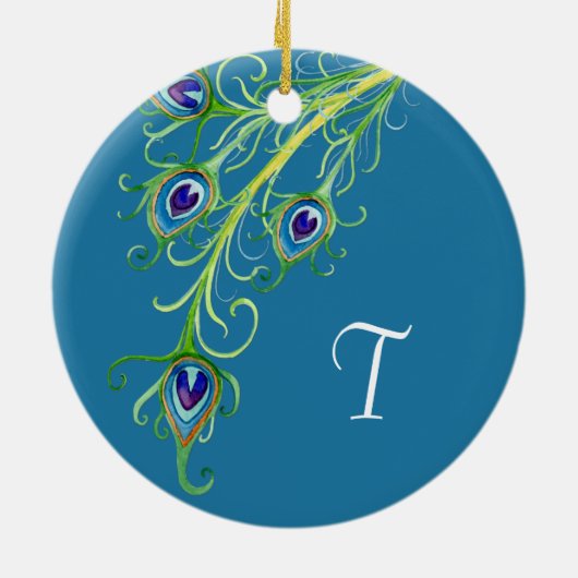 Art Deco Nouveau Style Peacock Feathers Swirl Keramisch Ornament (Achterkant)