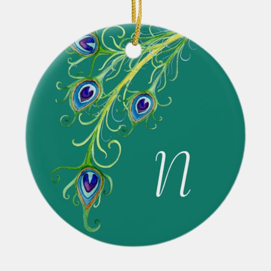 Art Deco Nouveau Style Peacock Feathers Swirl Keramisch Ornament (Voorkant)