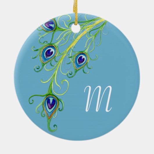 Art Deco Nouveau Style Peacock Feathers Swirl Keramisch Ornament (Achterkant)