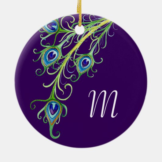 Art Deco Nouveau Style Peacock Feathers Swirl Keramisch Ornament (Achterkant)