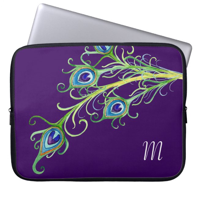 Art Deco Nouveau Style Peacock Feathers Swirl Laptop Sleeve (Voorkant)