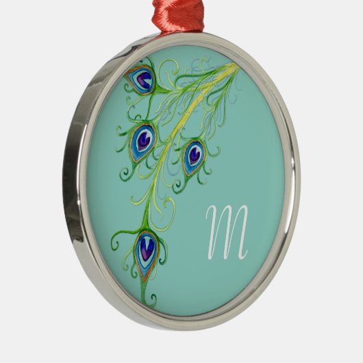 Art Deco Nouveau Style Peacock Feathers Swirl Metalen Ornament (Rechts)