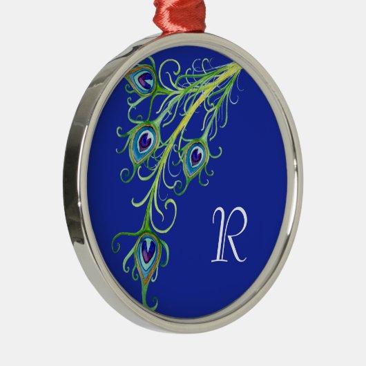 Art Deco Nouveau Style Peacock Feathers Swirl Metalen Ornament (Rechts)