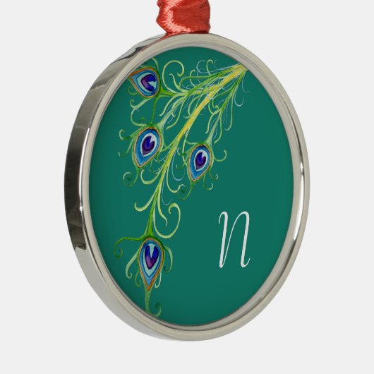 Art Deco Nouveau Style Peacock Feathers Swirl Metalen Ornament (Rechts)