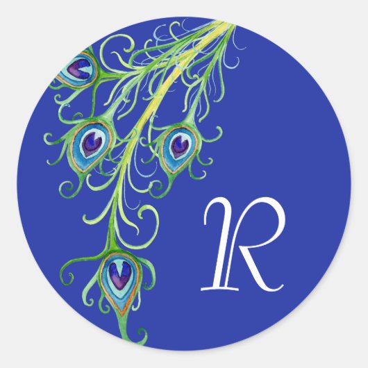 Art Deco Nouveau Style Peacock Feathers Swirl Ronde Sticker (Voorkant)