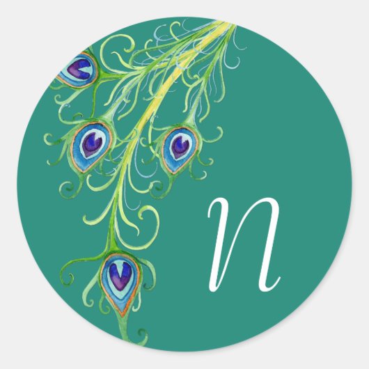 Art Deco Nouveau Style Peacock Feathers Swirl Ronde Sticker (Voorkant)