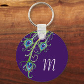 Art Deco Nouveau Style Peacock Feathers Swirl Sleutelhanger (Voorkant)