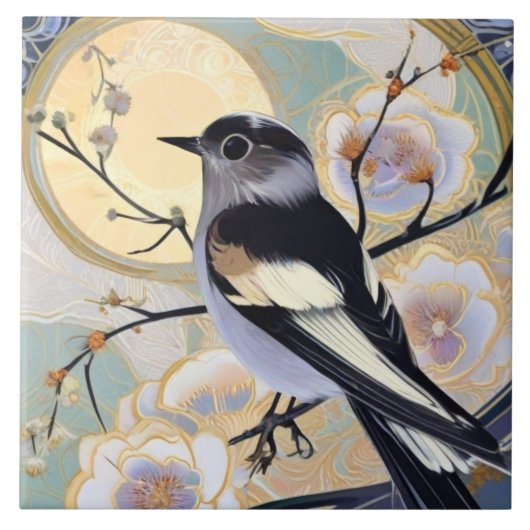 Art Deco Nouveau Vogeltak Gedempte Bloemen Tegeltje (Voorkant)