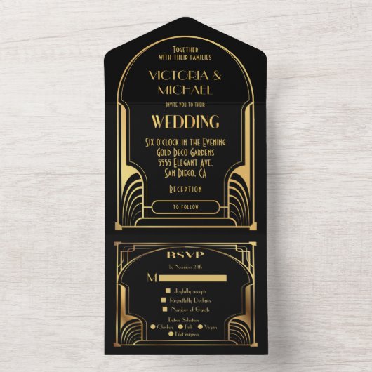 Art Deco Nouveau Wedding All In One Uitnodiging (Binnen)