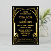 Art Deco Nouveau Wedding Gold & Black Wedding Folie Uitnodiging (Staand Voorkant)