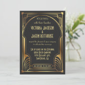 Art Deco Nouveau Wedding Gold & Black Wedding Kaart (Staand voorkant)