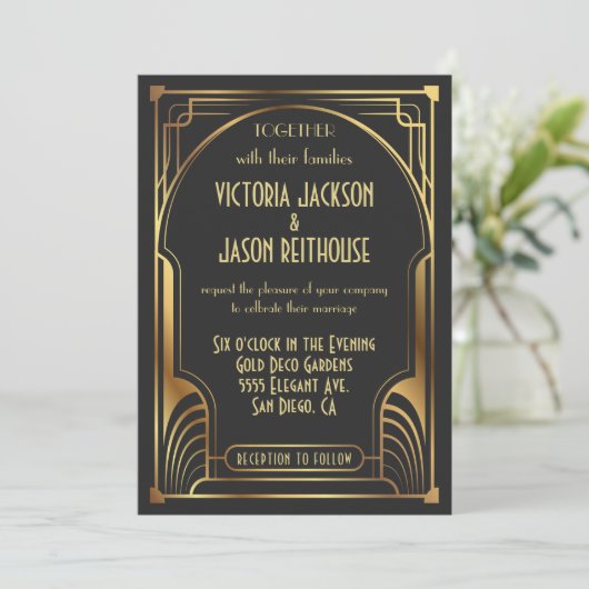 Art Deco Nouveau Wedding Gold & Black Wedding Kaart (Staand voorkant)