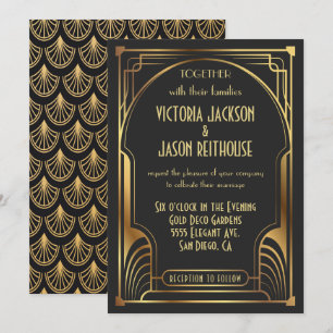 Art Deco Nouveau Wedding Gold & Black Wedding Kaart