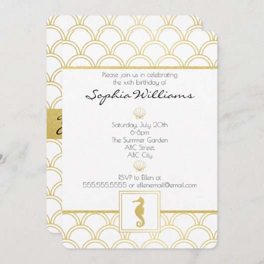 Art Deco Ocean Wave Gold Glitter Seahorse Birthday Kaart (Voorkant / Achterkant)