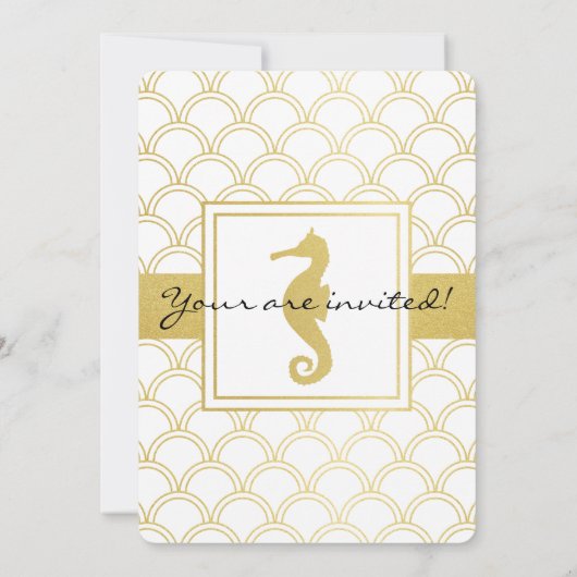 Art Deco Ocean Wave Gold Glitter Seahorse Birthday Kaart (Achterkant)