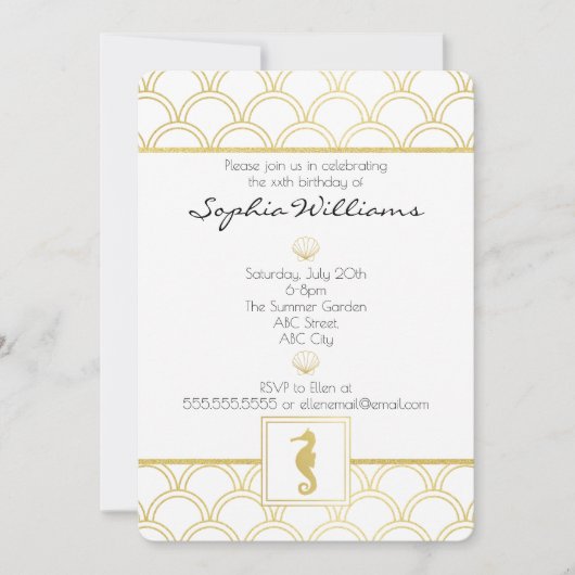 Art Deco Ocean Wave Gold Glitter Seahorse Birthday Kaart (Voorkant)