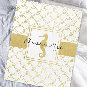 Art Deco Ocean Wave Gold Seahorse Beach House Fleece Deken