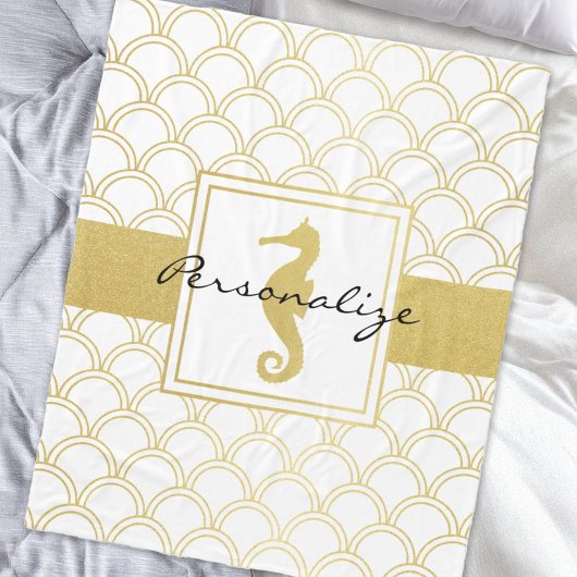 Art Deco Ocean Wave Gold Seahorse Beach House Fleece Deken