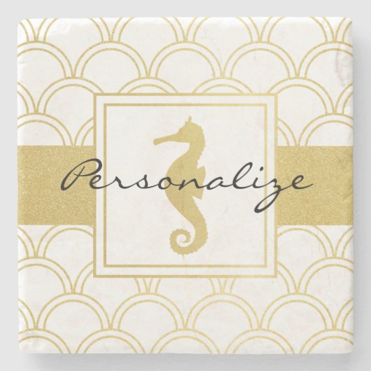 Art Deco Ocean Wave Gold Seahorse Beach House Stenen Onderzetter (Voorkant)