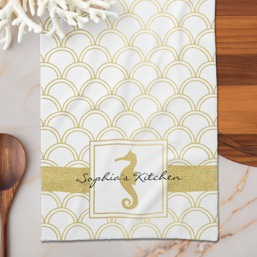 Art Deco Ocean Wave Gold Seahorse Beach House Theedoek