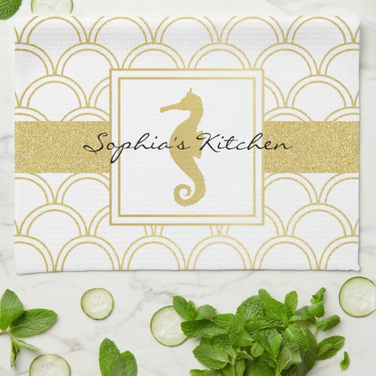 Art Deco Ocean Wave Gold Seahorse Beach House Theedoek (Gevouwen)