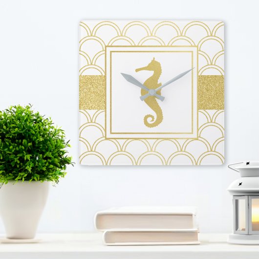 Art Deco Ocean Wave Gold Seahorse Beach House Vierkante Klok