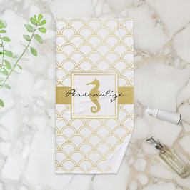 Art Deco Ocean Wave Patten Gold Glitter Seahorse Bad Handdoek