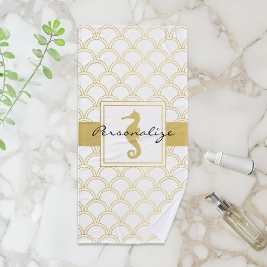 Art Deco Ocean Wave Patten Gold Glitter Seahorse Bad Handdoek