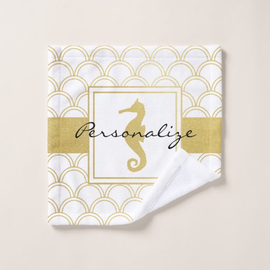 Art Deco Ocean Wave Patten Gold Glitter Seahorse Bad Handdoek (Wasdoekje)