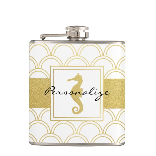 Art Deco Ocean Wave Patten Gold Glitter Seahorse Heupfles (Voorkant)