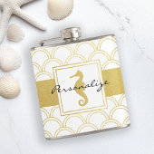 Art Deco Ocean Wave Patten Gold Glitter Seahorse Heupfles