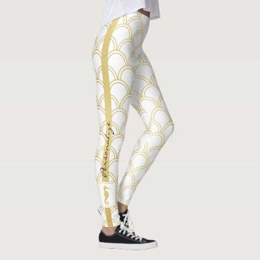 Art Deco Ocean Wave Patten Gold Glitter Seahorse Leggings (Rechts)