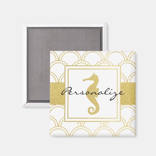 Art Deco Ocean Wave Patten Gold Glitter Seahorse Magneet (Voorkant / Achterkant)