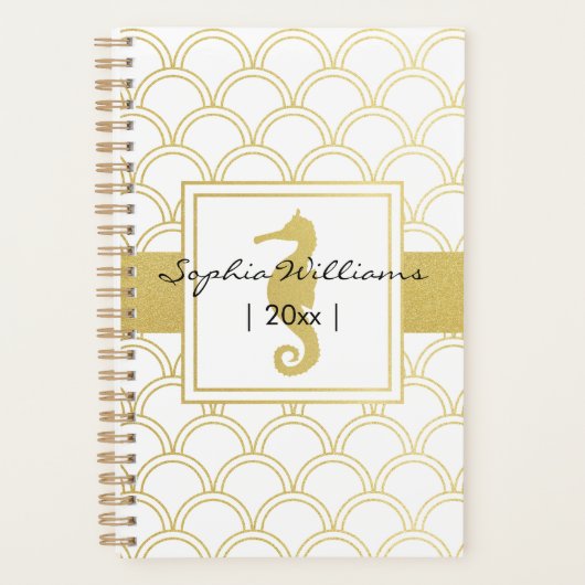 Art Deco Ocean Wave Patten Gold Glitter Seahorse Planner (Voorkant)