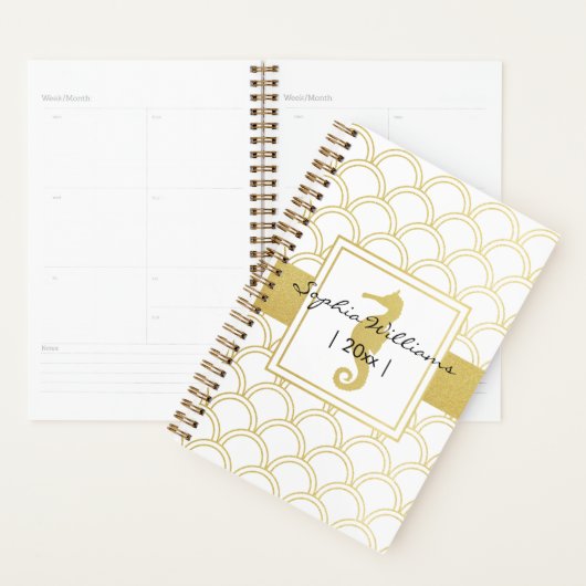 Art Deco Ocean Wave Patten Gold Glitter Seahorse Planner (Display)